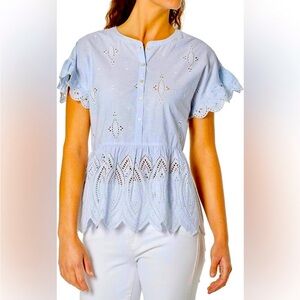 Joie Blue & White Stripe Cerelia Eyelet Peplum Scalloped Top Women’s SZ Medium